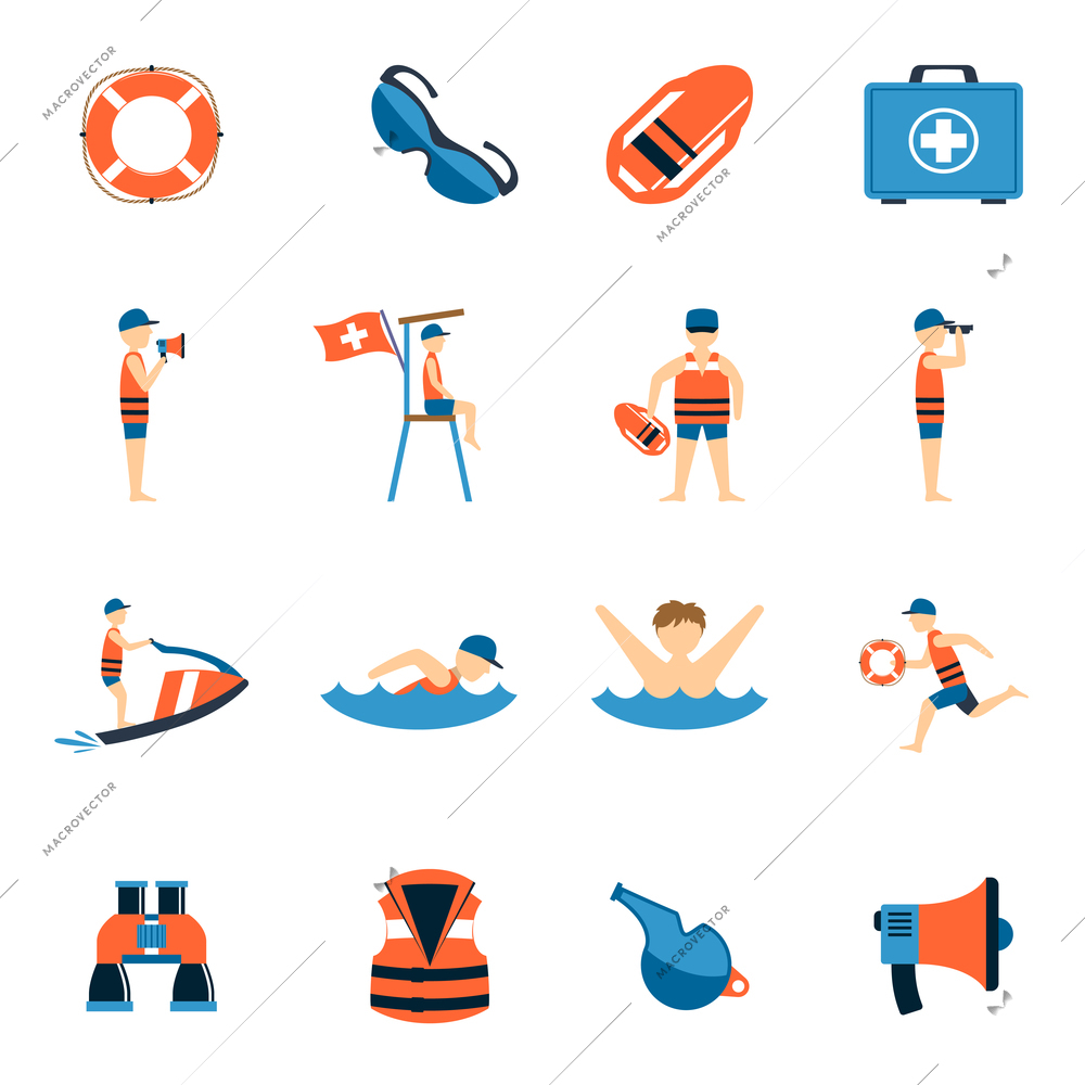 Lifeguard icons set with water safety equipment symbols flat isolated vector illustration