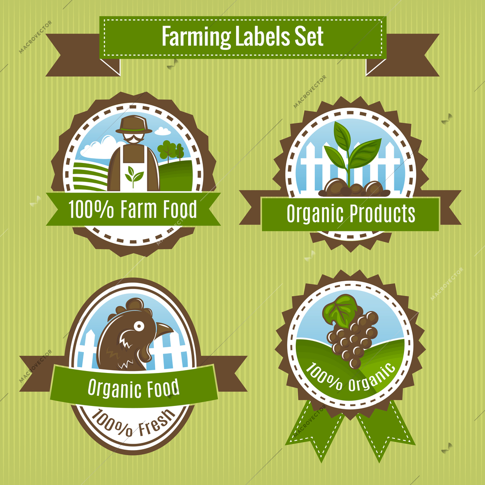 Farming harvesting and agriculture badges or labels set isolated vector illustration