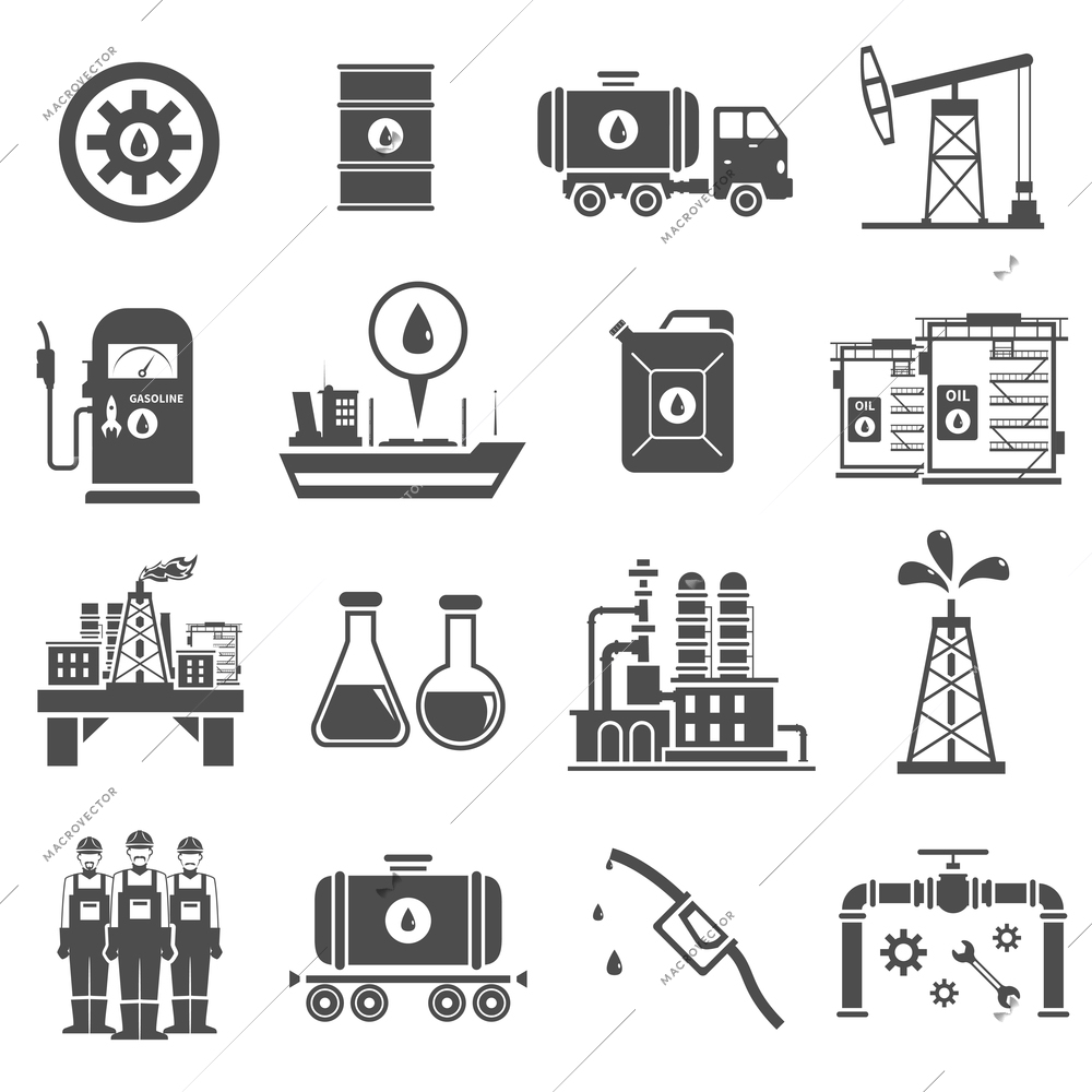 Oil black white icons set with platform shipping and extraction symbols flat isolated vector illustration