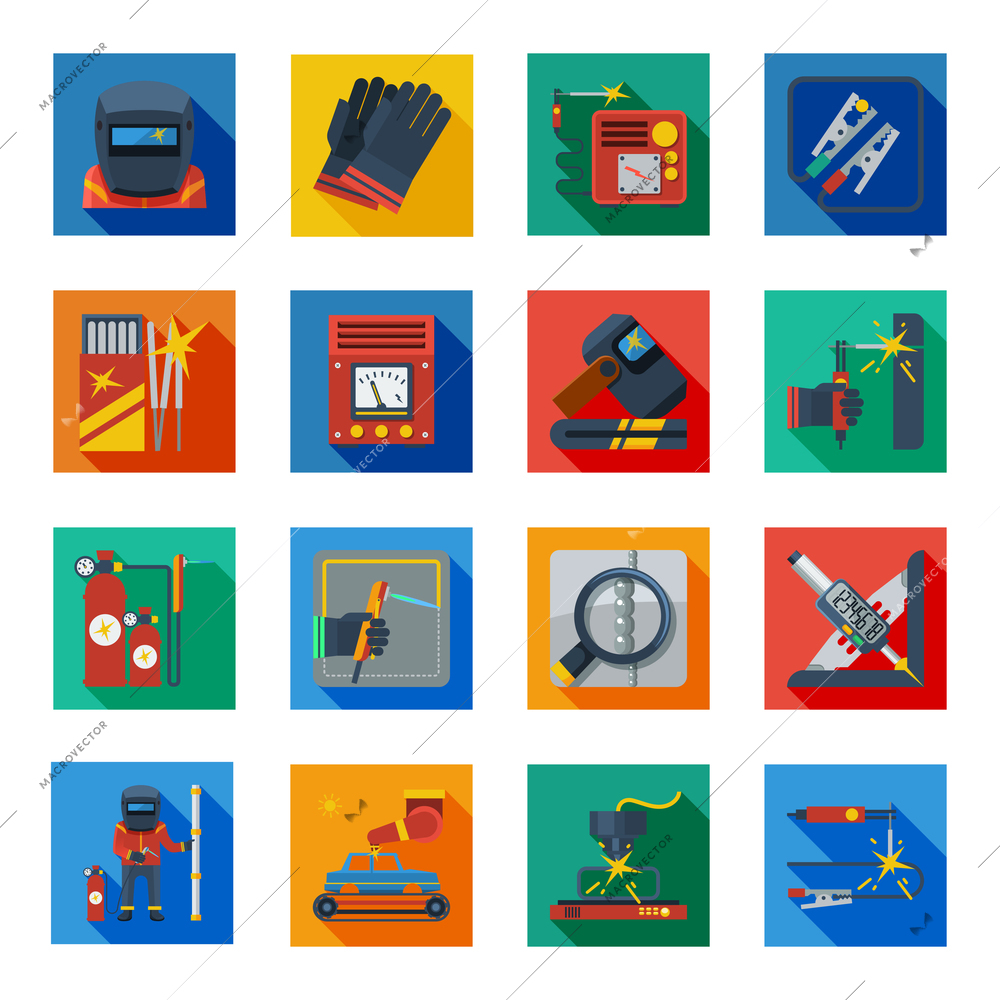 Welding flat icons in colorful squares with welder tools protection clothes and measuring instrument isolated vector illustration