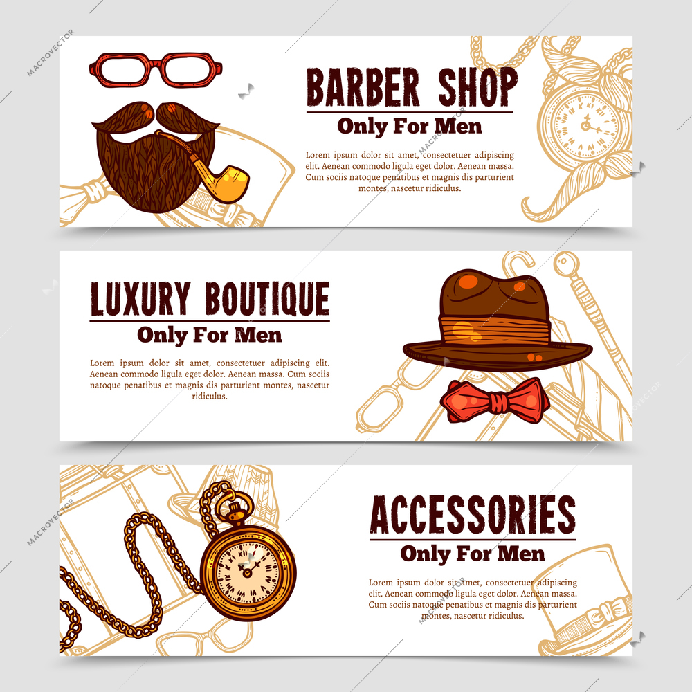 Vintage gentlemen banners set with luxury boutique accessories for men and barbershop emblem doodle isolated vector illustration