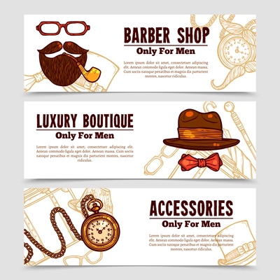 Vintage gentlemen banners set with luxury boutique accessories for men and barbershop emblem doodle isolated vector illustration