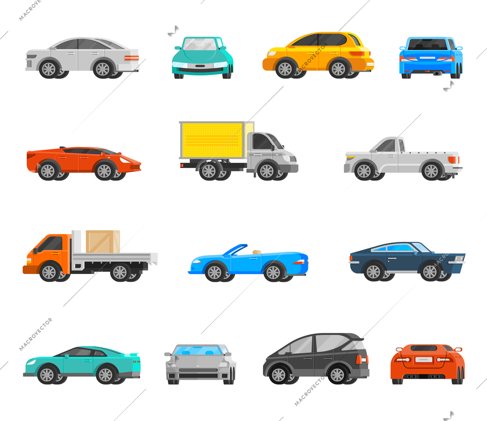 Vehicles orthogonal icons set with cars and trucks flat isolated vector illustration