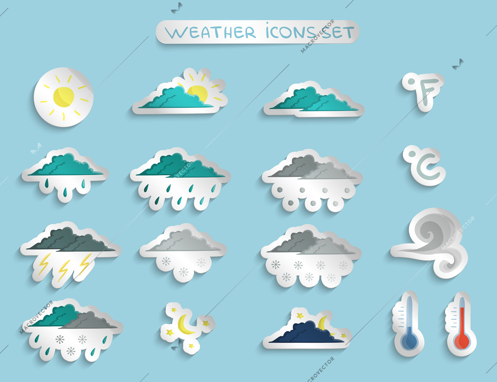 Weather forecast stickers or badges set of clear cloudy stormy and snow sky vector illustration