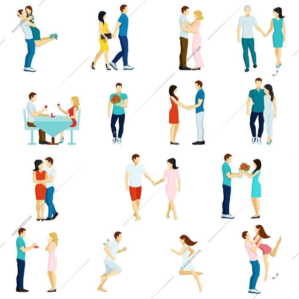 Isolated icon set with fall in love couples  kissing walking dining together  vector illustration