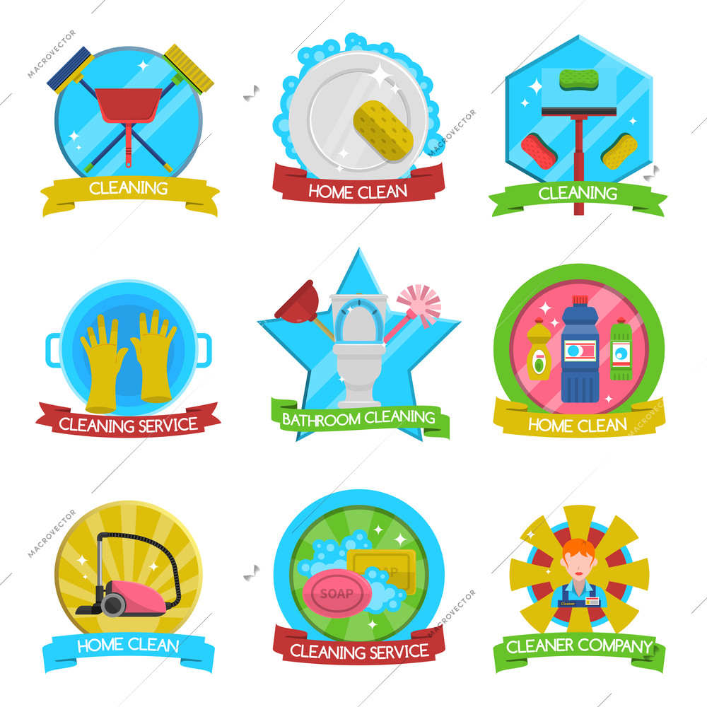 Cleaning emblems set with cleaning service and company symbols flat isolated vector illustration