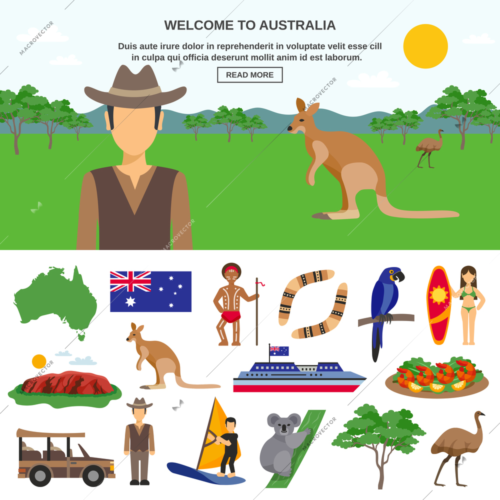 Australia travel concept with wildlife symbols of country and sportive tourism  isolated vector illustration