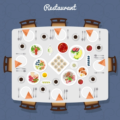 Restaurant Table poster with different meals and free places around top view vector illustration