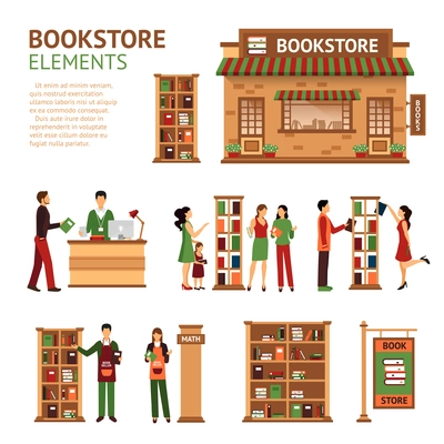 Images set of bookstore elements like store building cashbox booksellers and customers choosing books isolated vector illustration