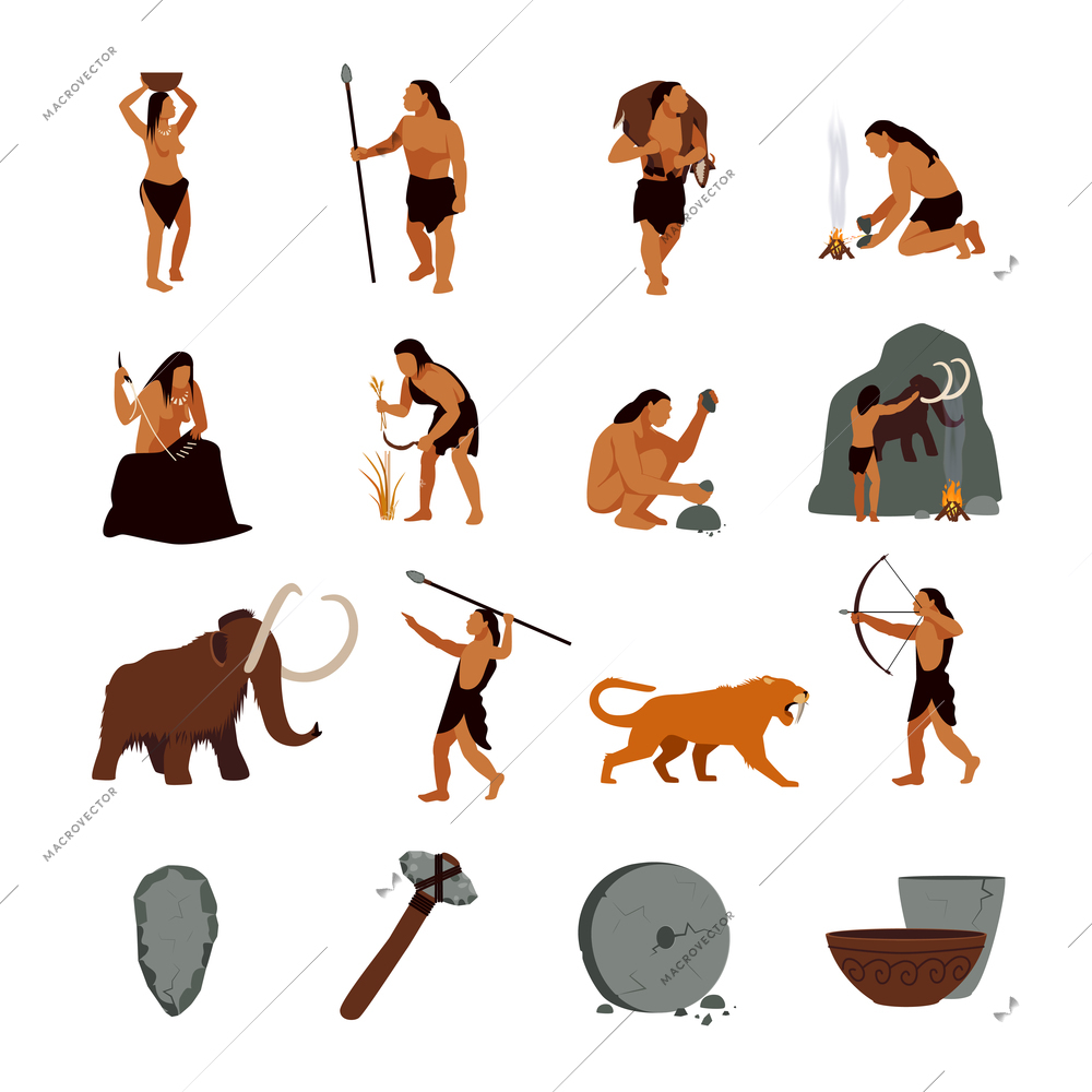 Prehistoric stone age icons set presenting life of cavemen and their primitive tools flat isolated vector illustration