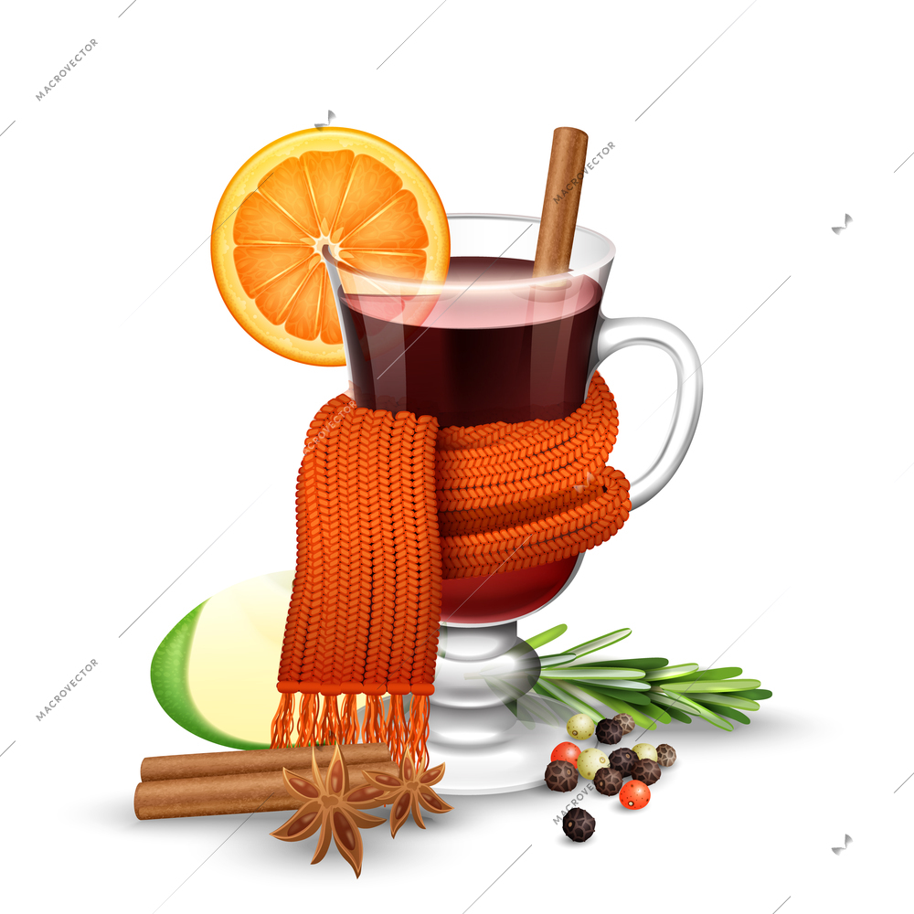 Realistic mulled wine glass with spices wrapped in warm scarf vector illustration
