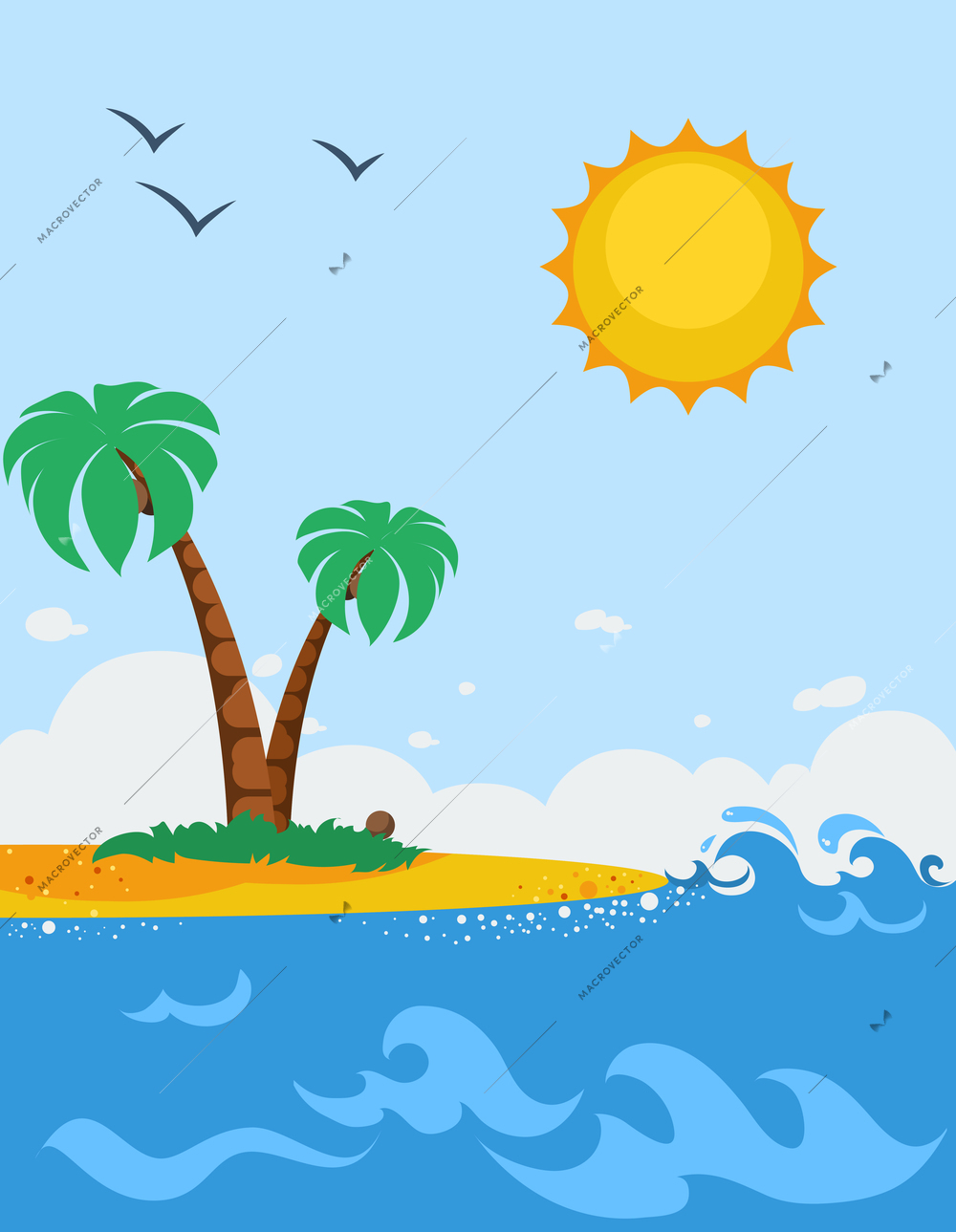 Sea landscape cartoon poster with sandy beach palm trees sun and seagulls flat vector illustration