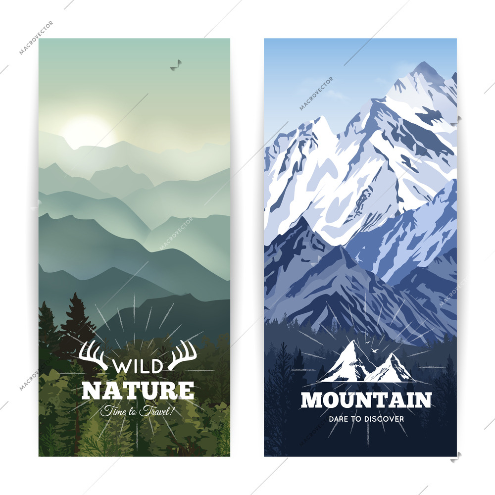 Bookmark like landscape banners of wild forest before haze hills and winter mountains vector illustration