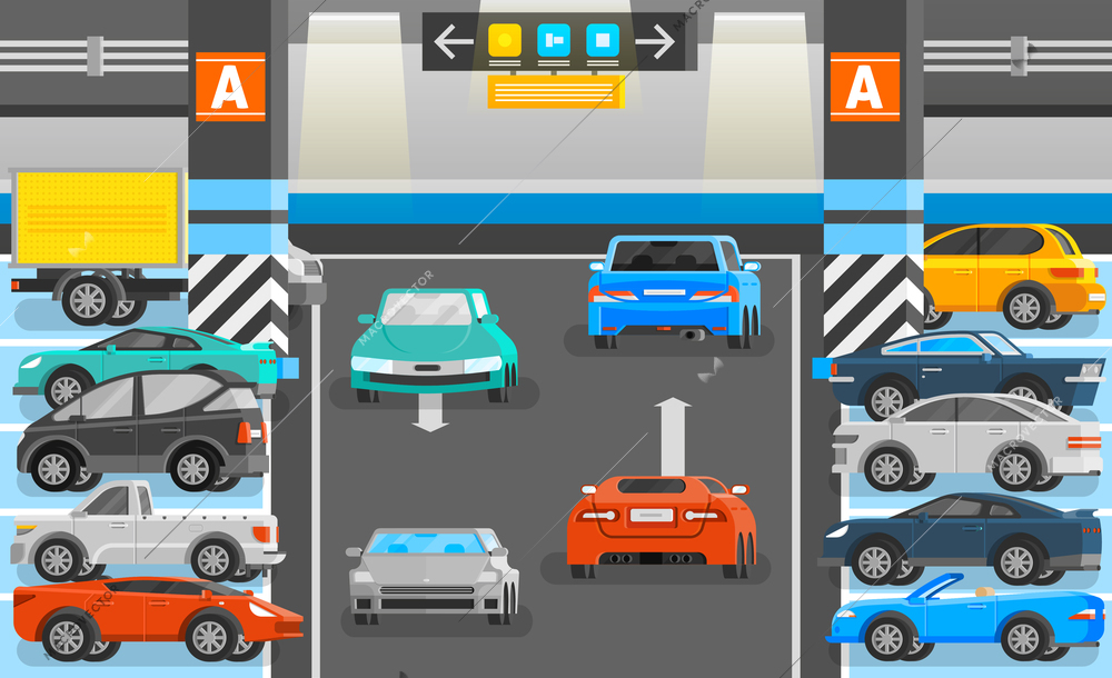 Underground parking with road cars and signs orthogonal flat vector illustration