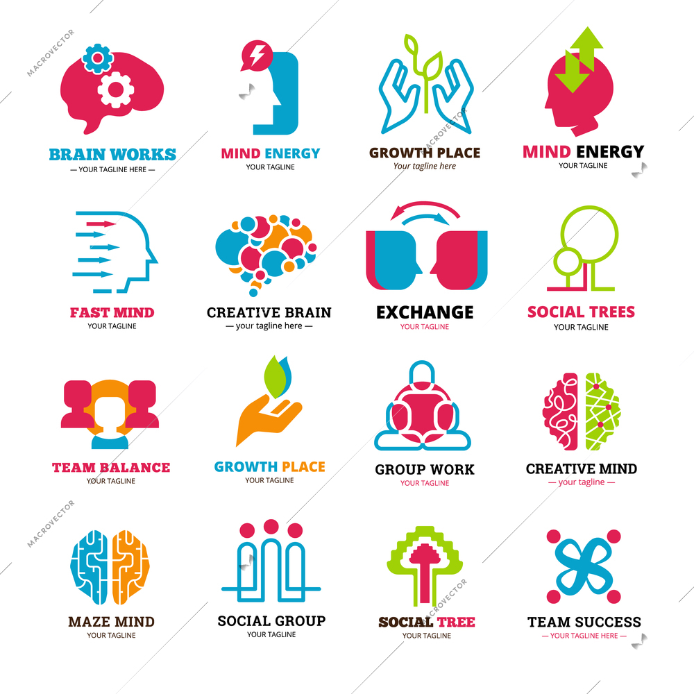 Logo set of social relationship signs presenting team or group working and mind storming flat isolated vector illustration