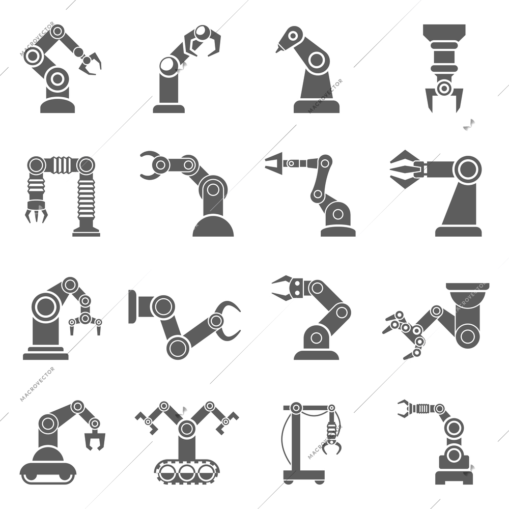 Various robotic arms to manipulate objects at a distance black  icons collection abstract isolated vector illustration