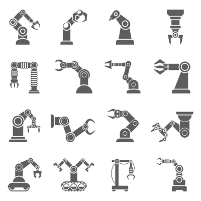 Various robotic arms to manipulate objects at a distance black  icons collection abstract isolated vector illustration