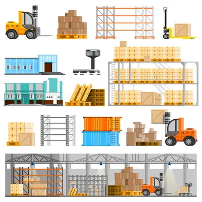 Warehouse orthogonal icons set with loader and cargo flat isolated vector illustration