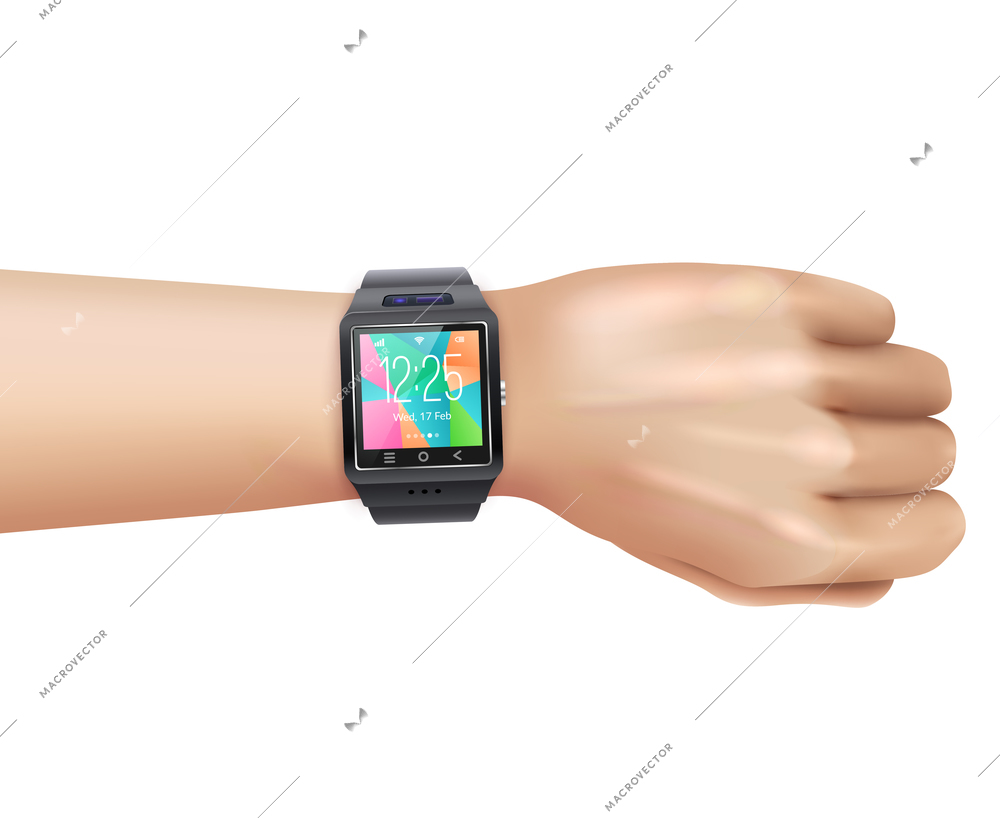 Smart watch gadget with colorful digital display face on left hand wrist realistic image vector illustration