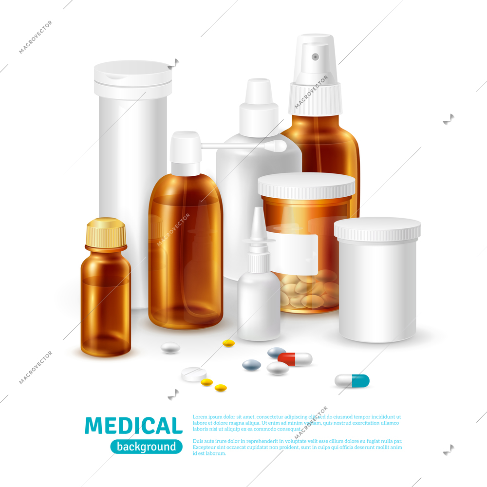 Medical realistic background with medical bottles and different types of pills vector illustration