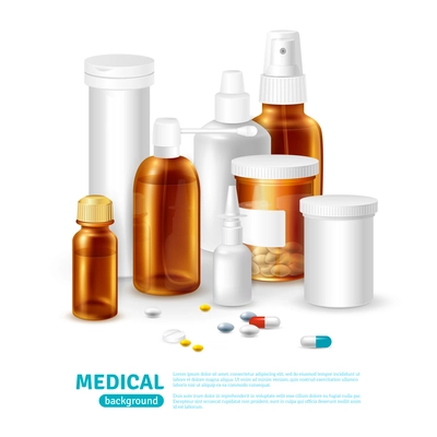 Medical realistic background with medical bottles and different types of pills vector illustration