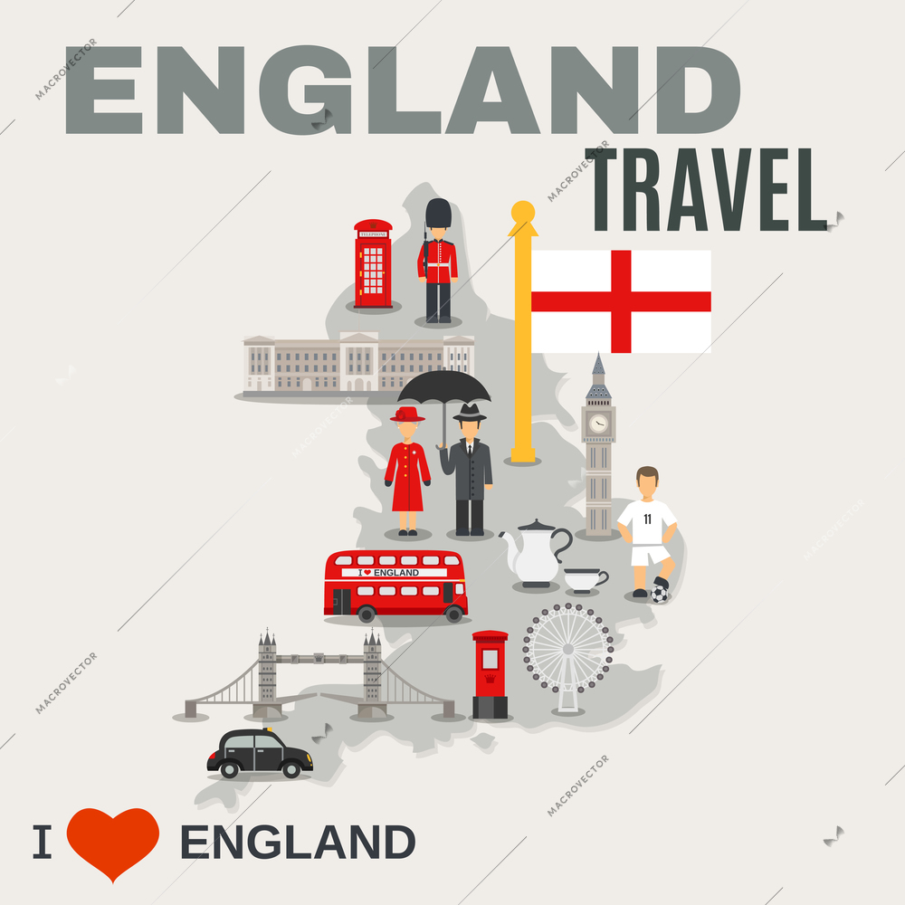 Albion island travel misty grey map of england poster with sightseeing places and cultural symbols vector illustration