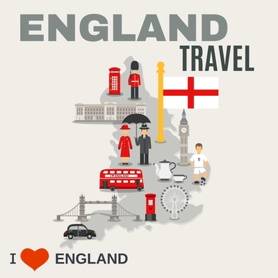 Albion island travel misty grey map of england poster with sightseeing places and cultural symbols vector illustration