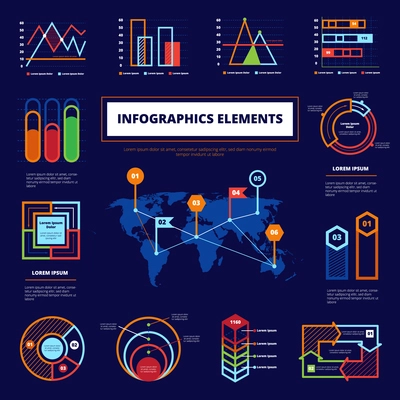 Infographic elements poster with world map in center and different diagrams around on blue background flat vector illustration