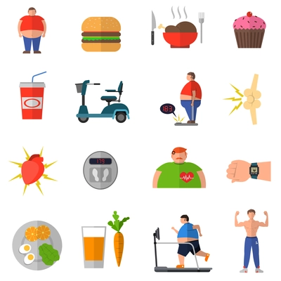 Transformation from obesity to healthy lifestyle with icons of good nutrition wrong food isolated vector illustration