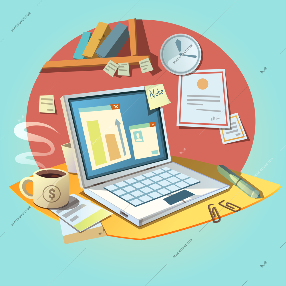 Business concept with retro cartoon style office workplace and working items vector illustration