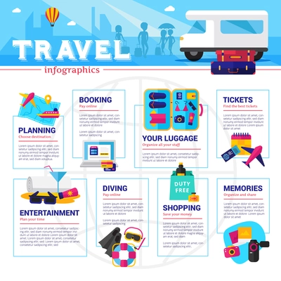 Travel planning organizing and spending infographics with blue header vector illustration