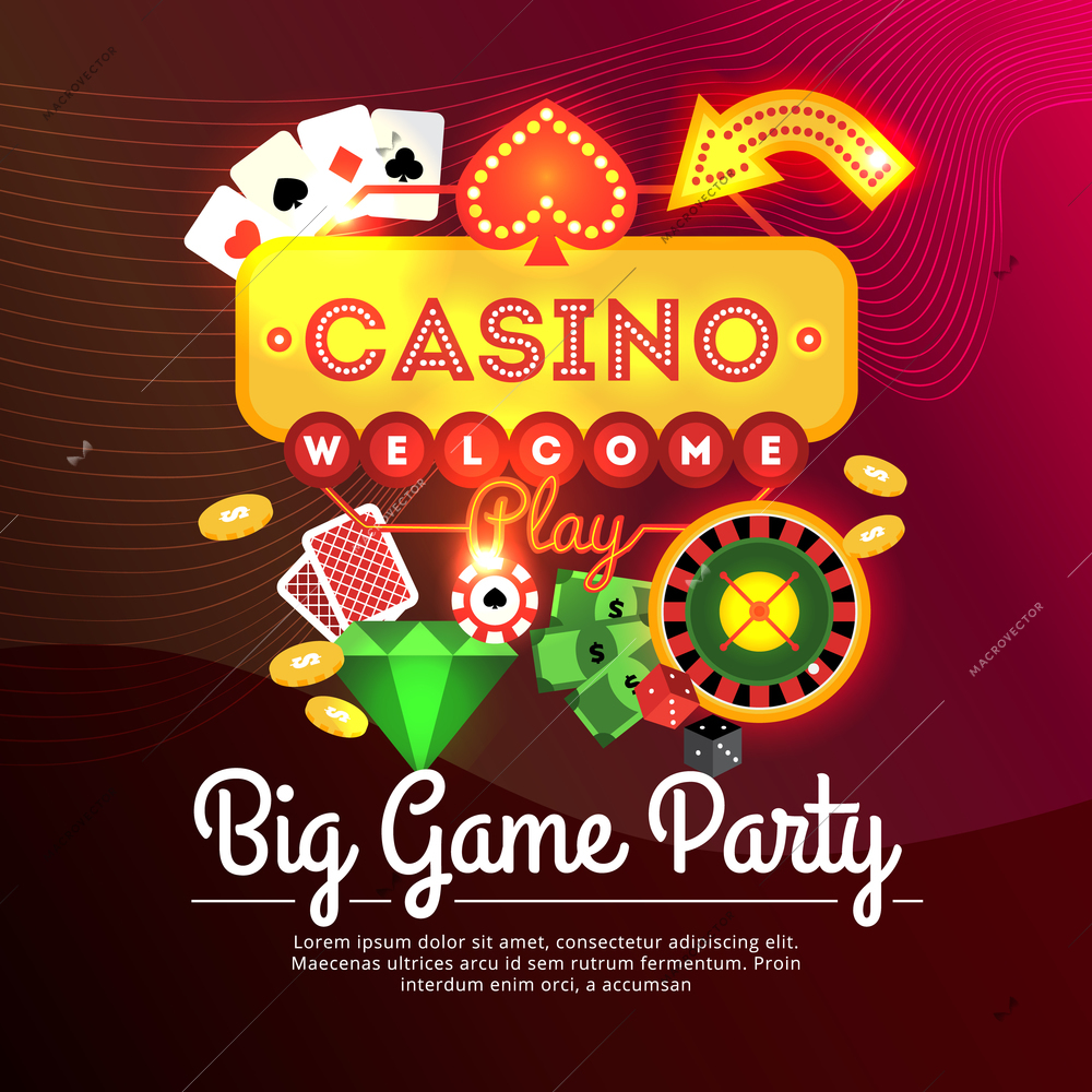 Big game party casino advertising poster with neon sign and casino elements flat vector illustration