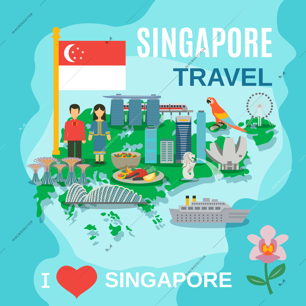 Singapore travel poster with places of interest and cultural symbols on the map flat abstract vector illustration