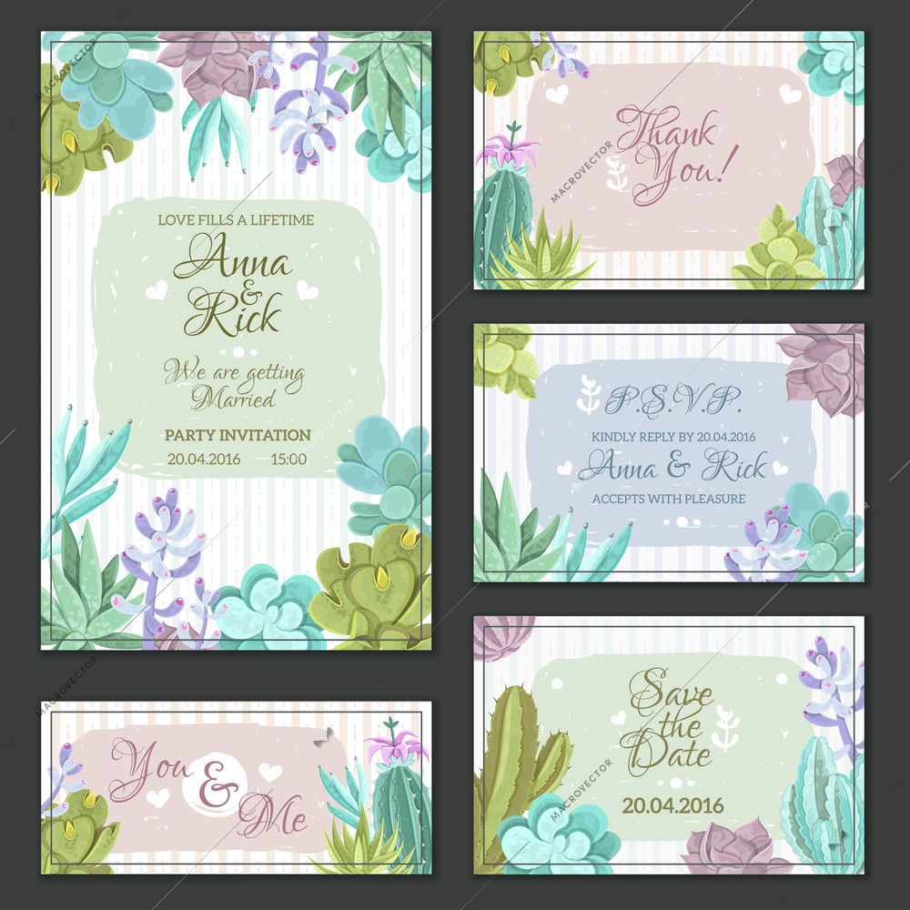 Wedding cards set with a cactus design flat isolated vector illustration