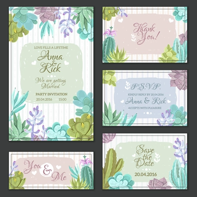 Wedding cards set with a cactus design flat isolated vector illustration