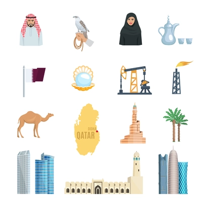 Qatar flat icons set with oil natural gas mosques skyscrapers and symbols of culture isolated vector illustration