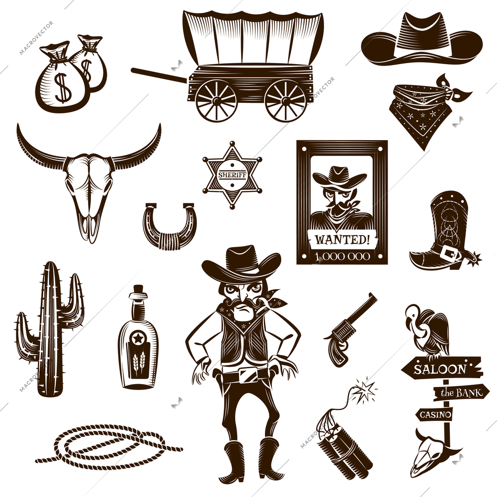 Cowboy black white icons set with Wild West symbols flat isolated vector illustration