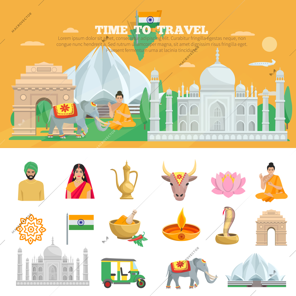 India travel set with tourist objects and symbols of country isolated vector illustration