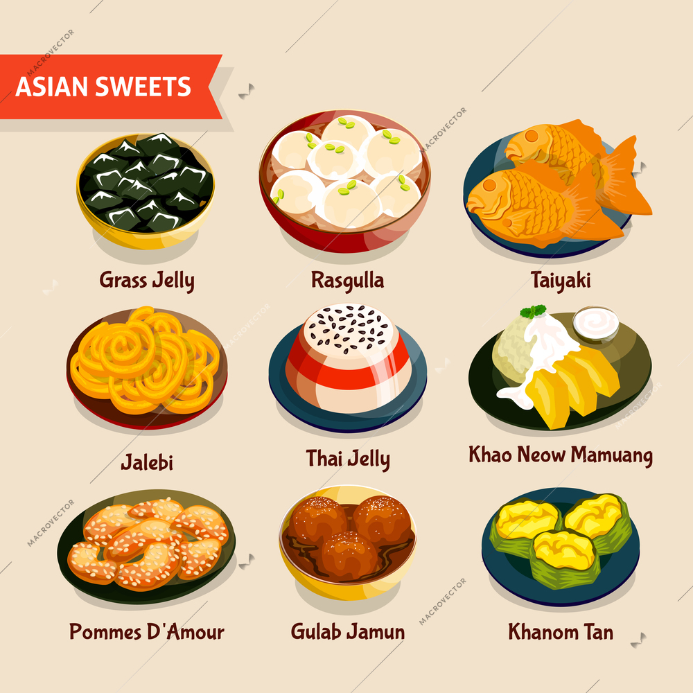 Asian sweets set with traditional desserts of chinese thai indian japanese cuisines isolated vector illustration