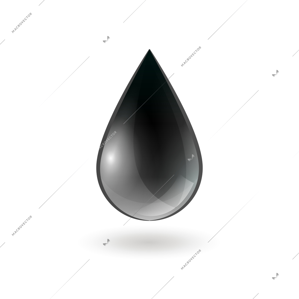 Falling single oil drop of black shiny color on white background isolated vector illustration