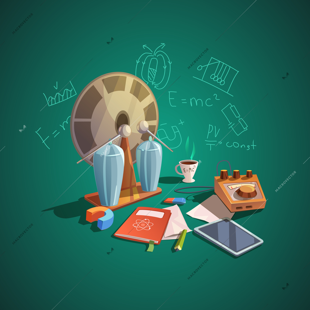 Physics concept with retro cartoon science icons set vector illustration