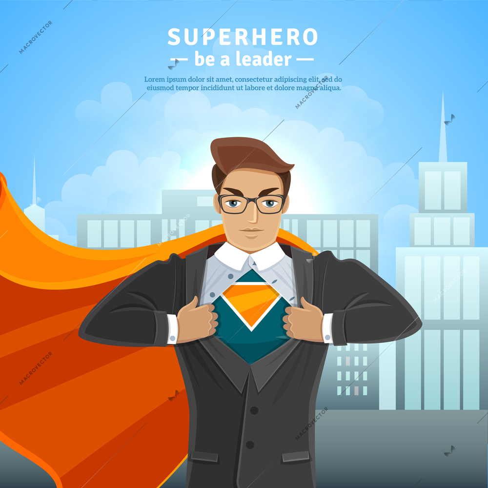 Businessman opening shirt in superman style on the cityscape concept vector illustration