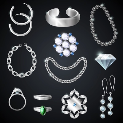 Jewelry silver realistic set on black background isolated vector illustration