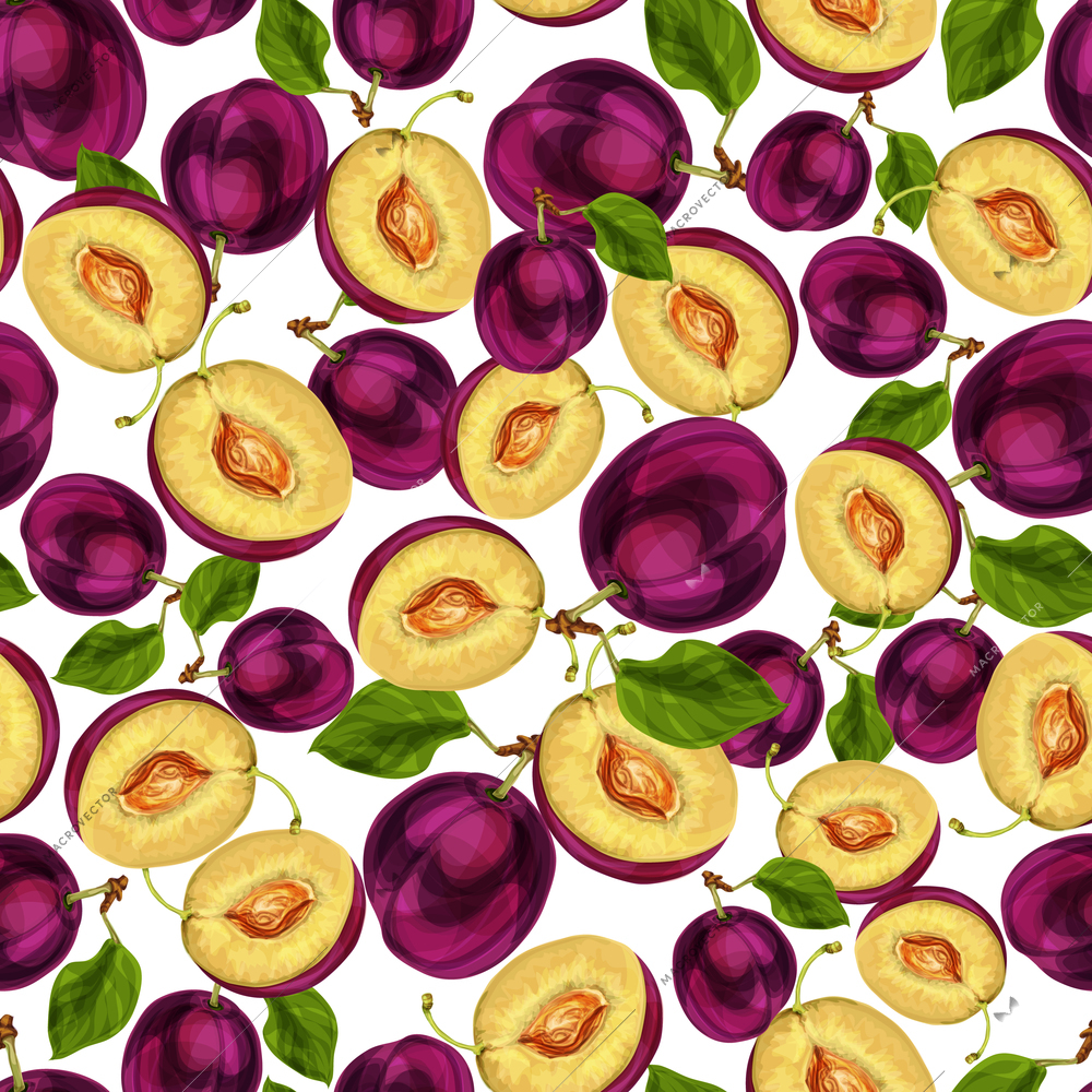 Seamless plum fruit sliced in half with seed leaves and juicy meat pattern hand drawn sketch vector illustration