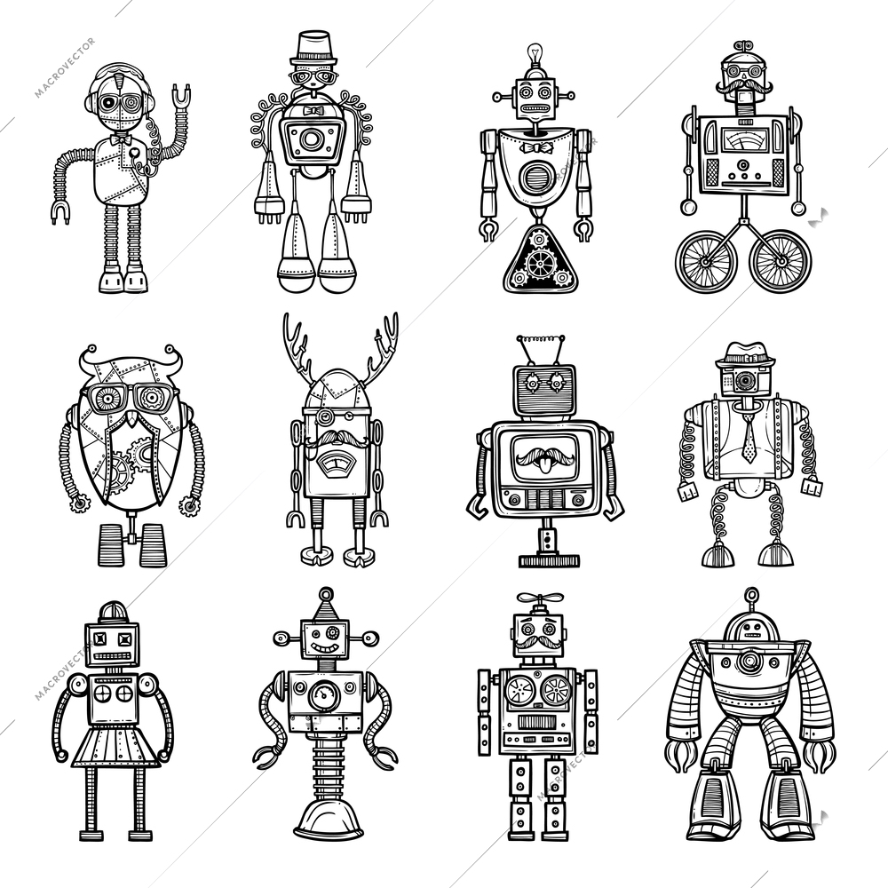 Funny robots toys doodle style black icons pictures collection with tinker man and owl isolated vector illustration