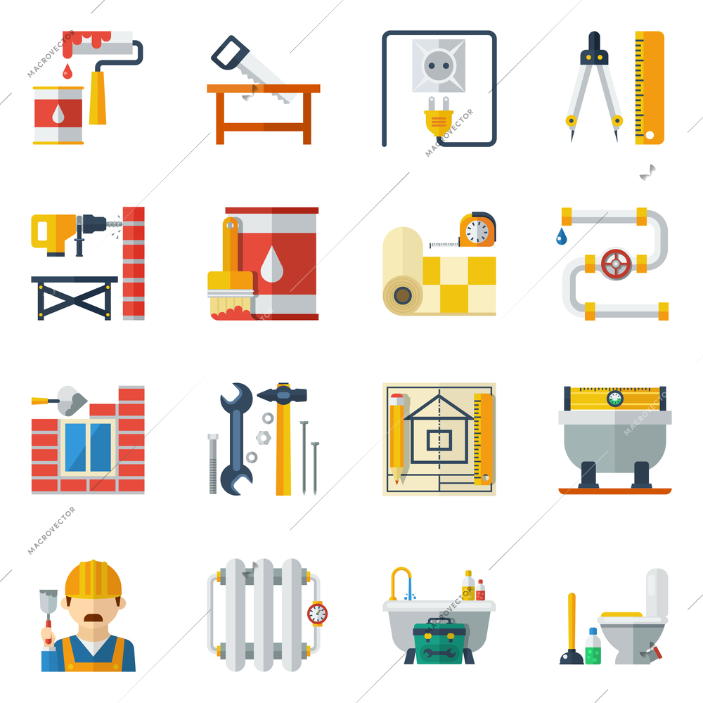 Home improvement renovation and repair service tasks tools and utensils flat icons set abstract vector isolated illustration