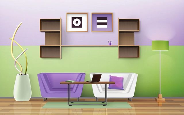 Living room design with table armchairs and shelves isometric vector illustration
