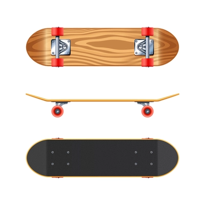 Skateboard black deck top side and maple wood bottom views projections realistic on white background vector illustration