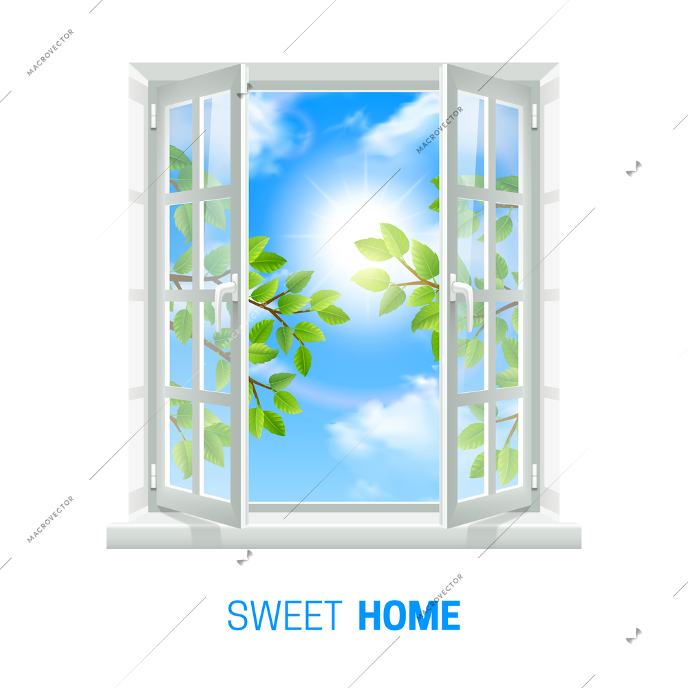 Open white window on bright sunny day realistic indoor view icon with green leaves outside vector illustration