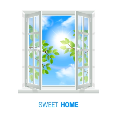 Open white window on bright sunny day realistic indoor view icon with green leaves outside vector illustration